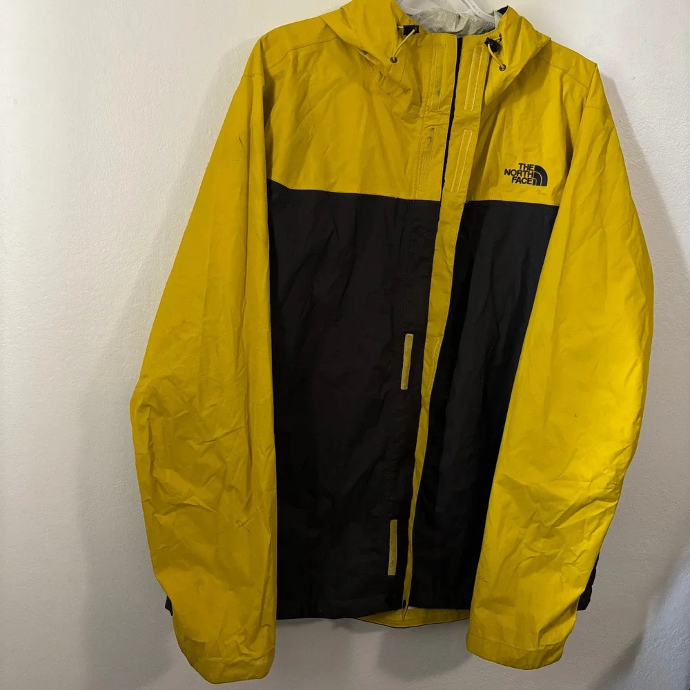 The North Face HyVent Rain Jacket Mens XL Yellow Black Colorblock Vintage Hooded